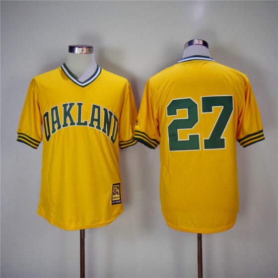 Men Oakland Athletics 27 Catfish Hunter Yellow Throwback MLB Jerseys